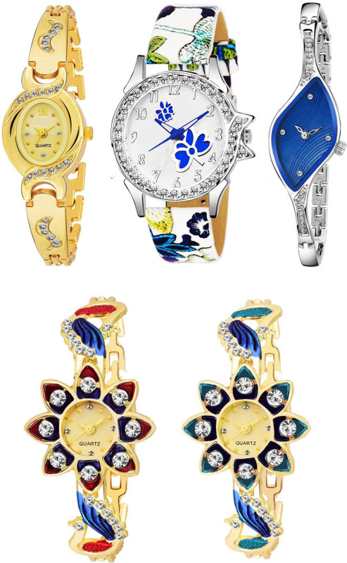 risol Combo Of Five Multicolour Dial And Metal ~Leather Strap Party~Wedding Designer KK~70 Women And Girls Analog Watch  - For Women