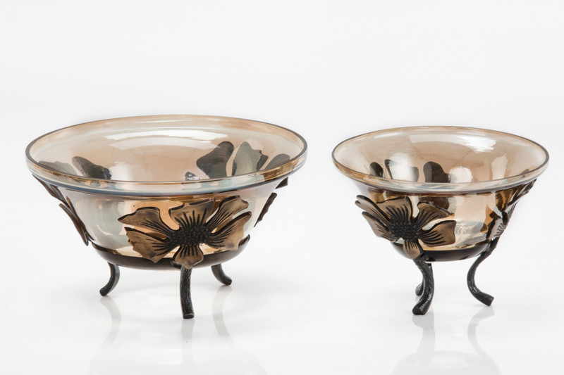 sammsara Decorative Food Safe Daisy Brass Bowl with Stand (Set of 2 bowl) Glass Bowl Set(Brown, Pack of 1)