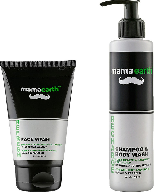 Mamaearth Men's Refresh Oil Control Facewash with Charcoal & Recharge Energizing Shampoo and Bodywash(2 Items in the set)
