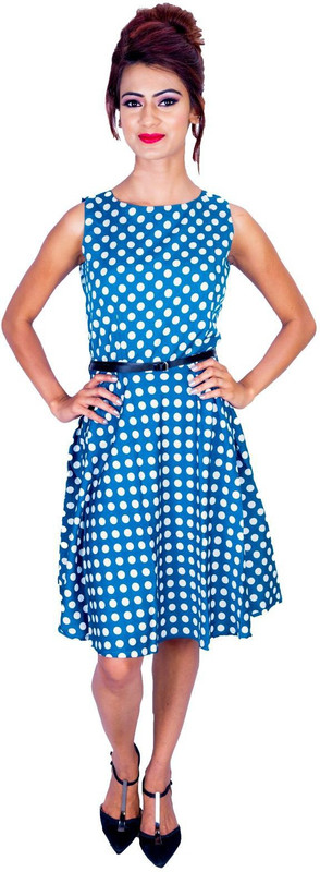deltin Women Fit and Flare Green, White Dress