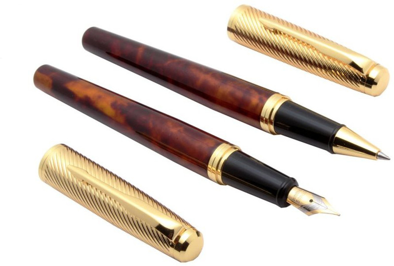 ledos Set of 2 Stylish 8051 Miracle Marbled Fountain & Roller ball Pens Metal Body Red Pen Gift Set(Pack of 2)
