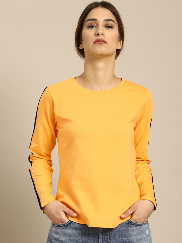 ether Solid Women Round Neck Yellow T-Shirt