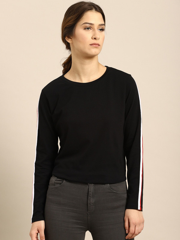 ether Color Block Women Round Neck Black T-Shirt