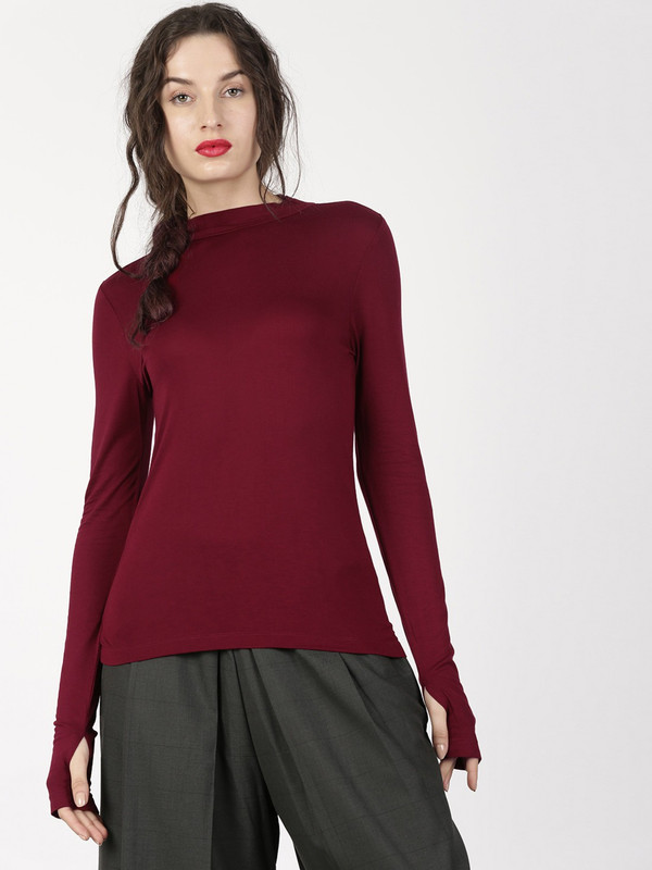 ether Solid Women High Neck Red T-Shirt