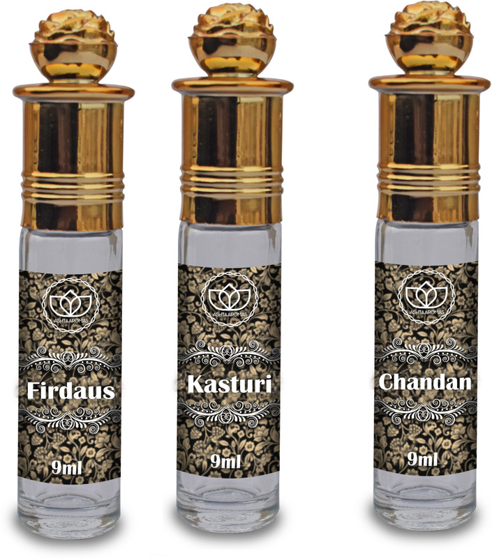 ASHTAAROMAS Firdaus, Chandan and Kasturi Attar, (Combo of 3 Pcs 9 ML Each) Herbal Attar(Floral)