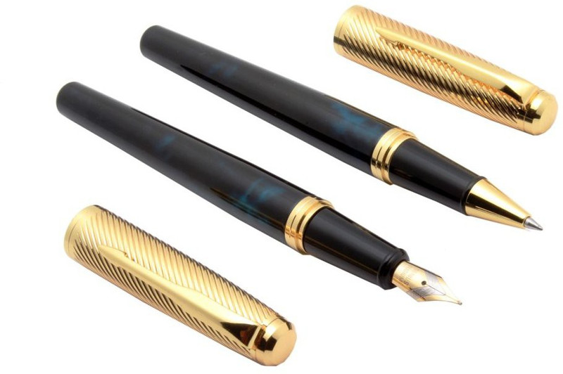 ledos Set of 2 Stylish 8051 Miracle Marbled Fountain & Roller ball Pens Metal Body Marine Blue Pen Gift Set(Pack of 2)