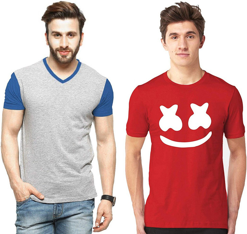 morten Solid, Printed Men V Neck Grey, Red T-Shirt(Pack of 2)