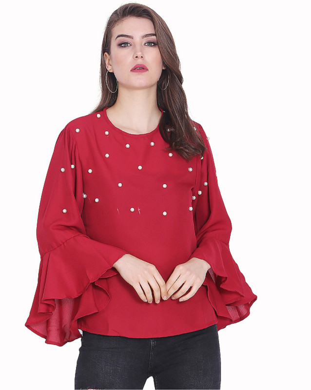 preet gehna Casual Flute Sleeve Solid Women Red Top