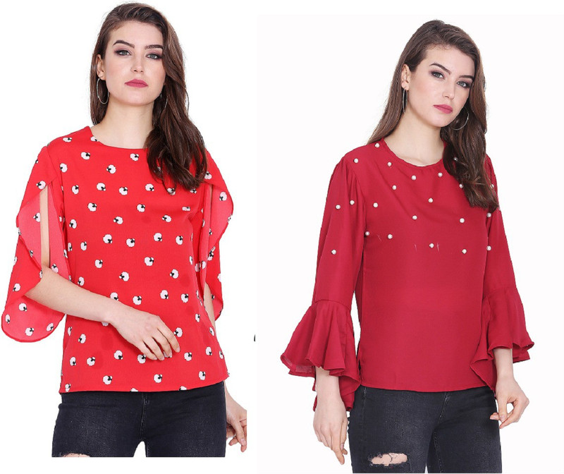 preet gehna Casual Slit Sleeve, Flute Sleeve Printed, Solid Women Red Top