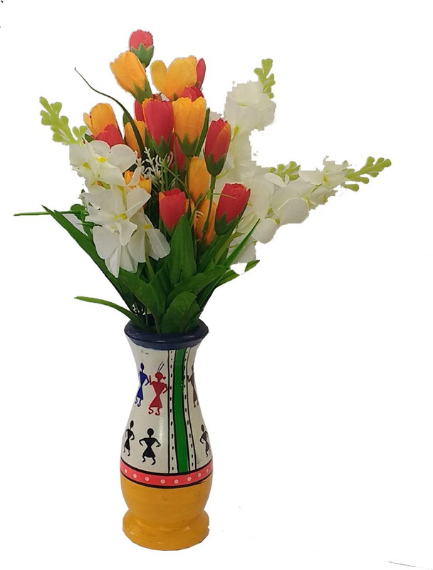 tovick flower Vase with Two bunches of wild flowers Red & Yellow Wooden Vase(7.5 cm, Multicolor)