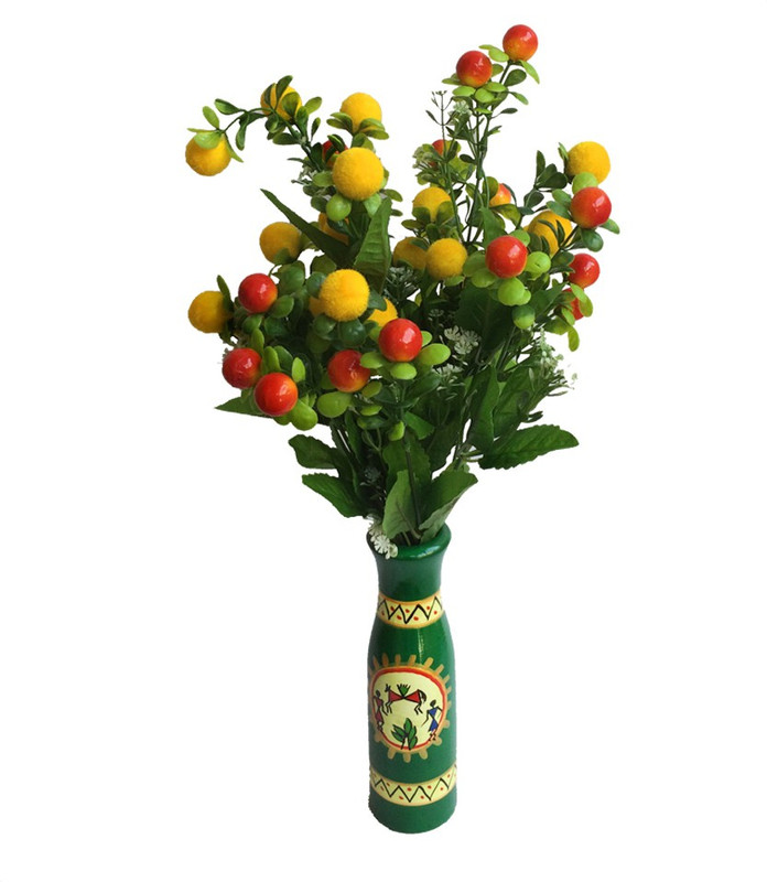 tovick Wooden vase Green vase & Two bunches Wooden Vase(11 cm, Multicolor)