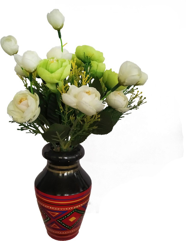 tovick Flowerpot with two bunches of Artificialflowers pack fo 1 Wooden Vase(6 cm, Yellow)