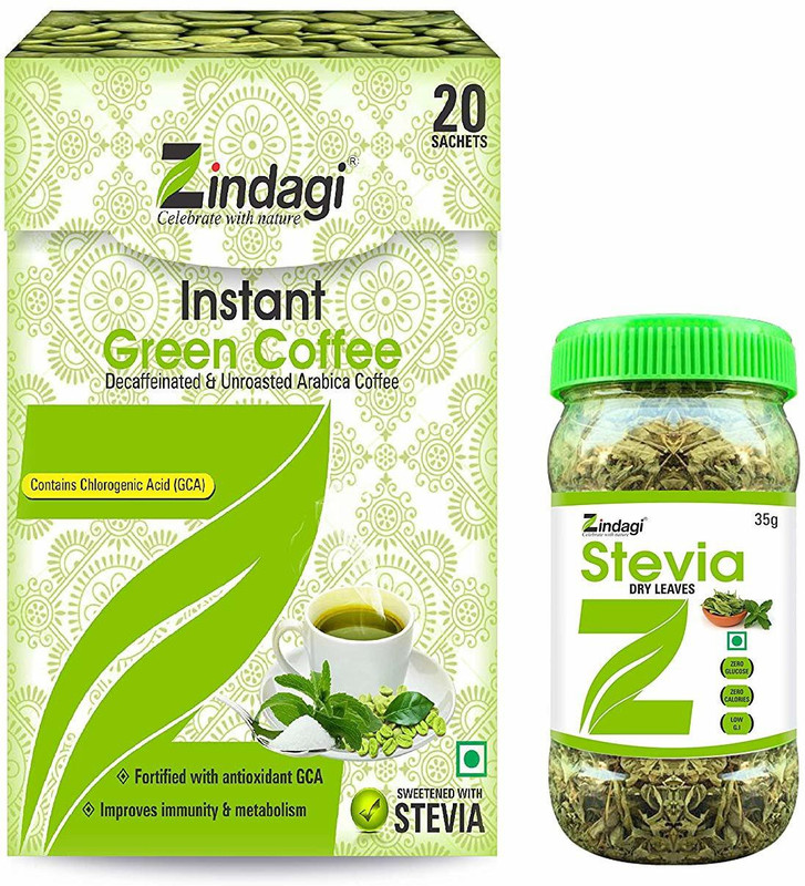 zindagi Green Coffee Powder Sachets & Stevia Dry Leaves (Combo Pack) Combo(2)
