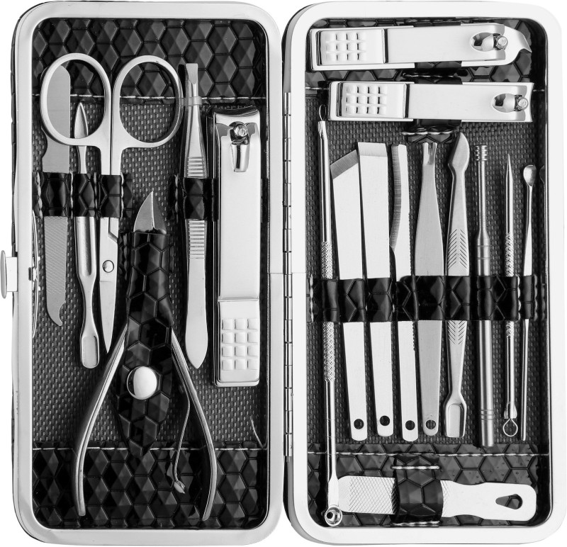 Foolzy 18 in 1 Stainless Steel Manicure Pedicure Set Nail Cutter Scissors Care Set Tweezers  Ear Pick Eyebrow Scissors Utility Tools Grooming Kits with Leather Case(18, Set of 18)