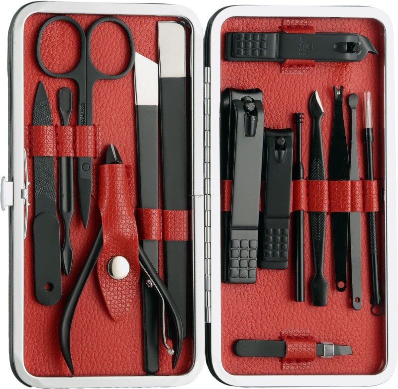 Foolzy 15 Pcs Nail Clippers Set, Professional Pedicure Kit Stainless Steel Nail Scissors Travel & Grooming Kit Manicure Set Includes Cuticle Remover Tools With Portable Travel Case - Black & Red(240 g, Set of 15)