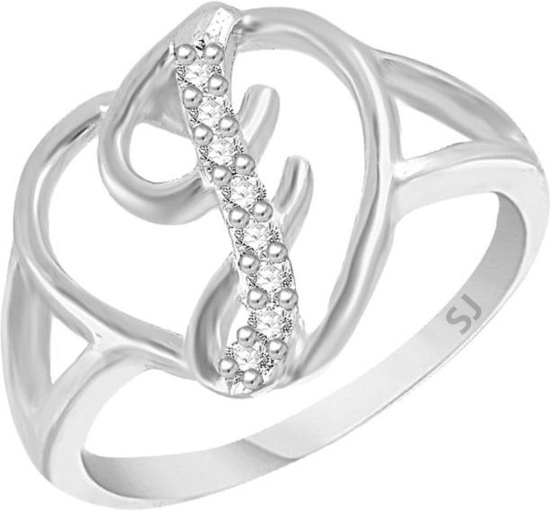 sukai jewels Intial 'J' Heart Brass Cubic Zirconia Rhodium Plated Ring