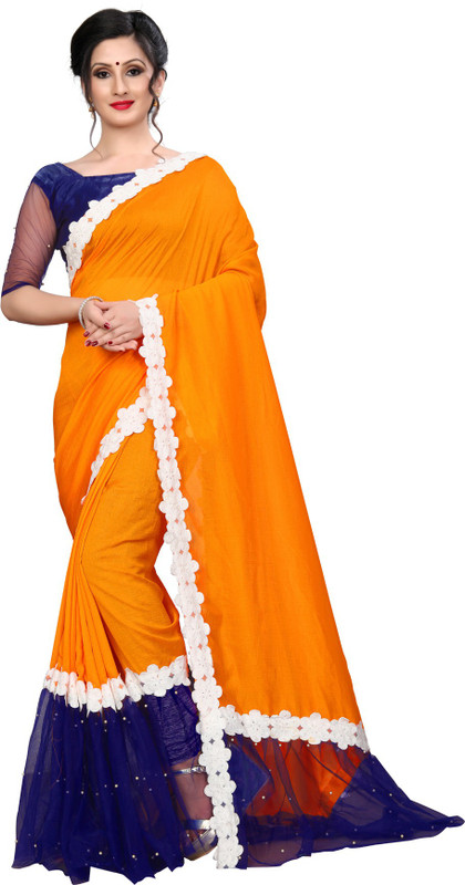 ofline selection Applique Fashion Cotton Silk, Net Saree(Blue, Orange)