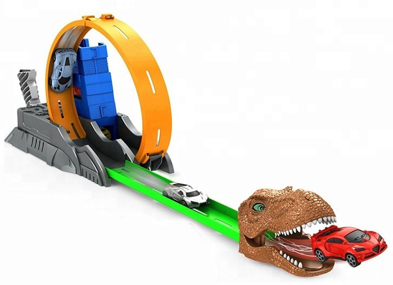 toyuniverse Dinosaur Head Track Toy Ejection car Set with 4 cars included(Multicolor)