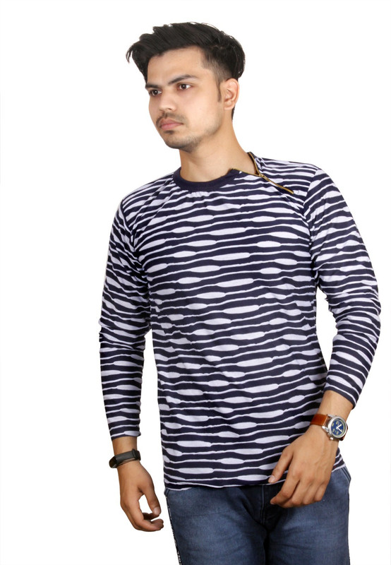 inferior Striped Men Round Neck White, Blue T-Shirt