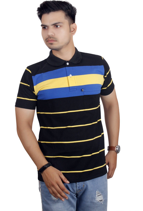 inferior Striped Men Polo Neck Black, Blue, Yellow T-Shirt