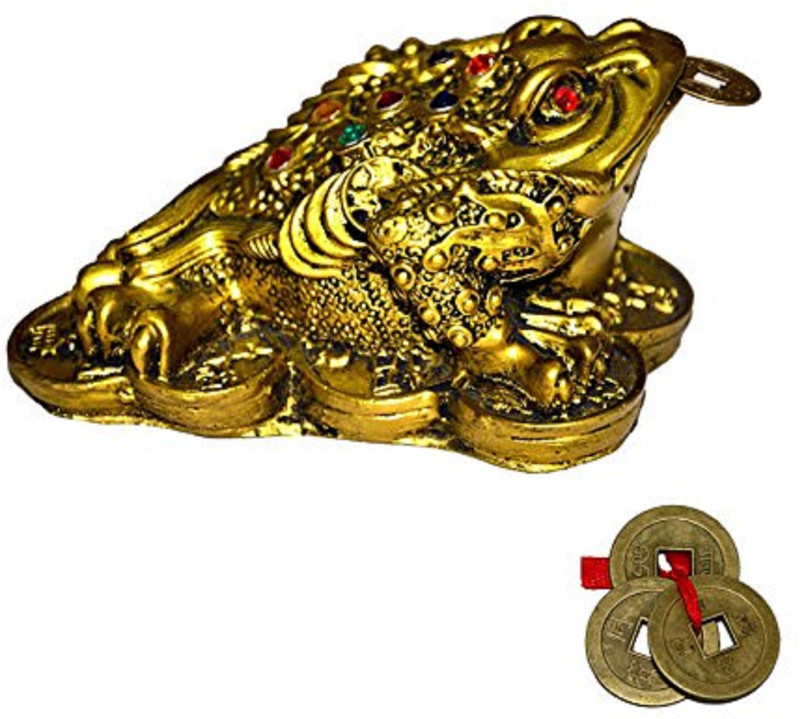 vyne Fengshui King Mony Frog for Wealth and Power with 3 Lucky Coins Decorative Showpiece  -  4 cm(Polyresin, Gold)