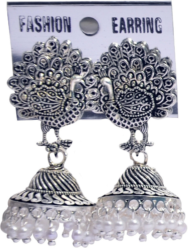 smr jewels Ethnic Peacock Style Alloy Jhumki With White Pearl - Silver Color Pearl White Metal Jhumki Earring