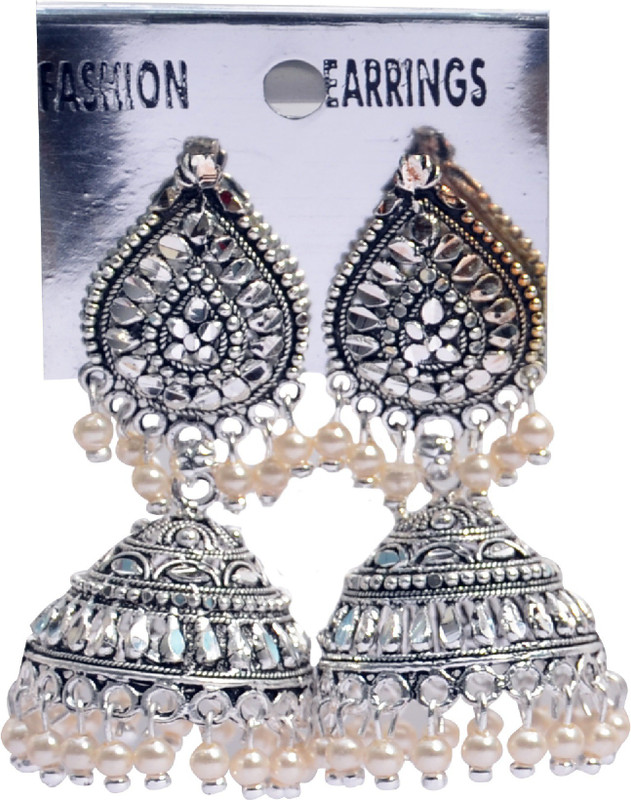 smr jewels Dark Silvery Antique Big Ghumri Jhumki With White Pearl - Silver Color Pearl White Metal Jhumki Earring