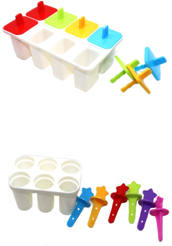 CREW4 Pack of 2 Ice Cream Mould And Kulfi Maker Multicolor Plastic Ice Cube Tray Set(Pack of 2)