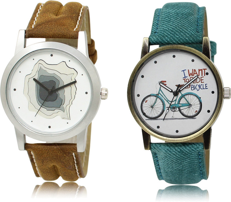 divaaa GREEN CYLCLE DESIGNER DENIM BELT COUPLE COMBO BLACK ROUND SHAP DIAMOND WATCH FOR GIRL_WOMEN LORE M COLLECTION Analog Watch  - For Men & Women