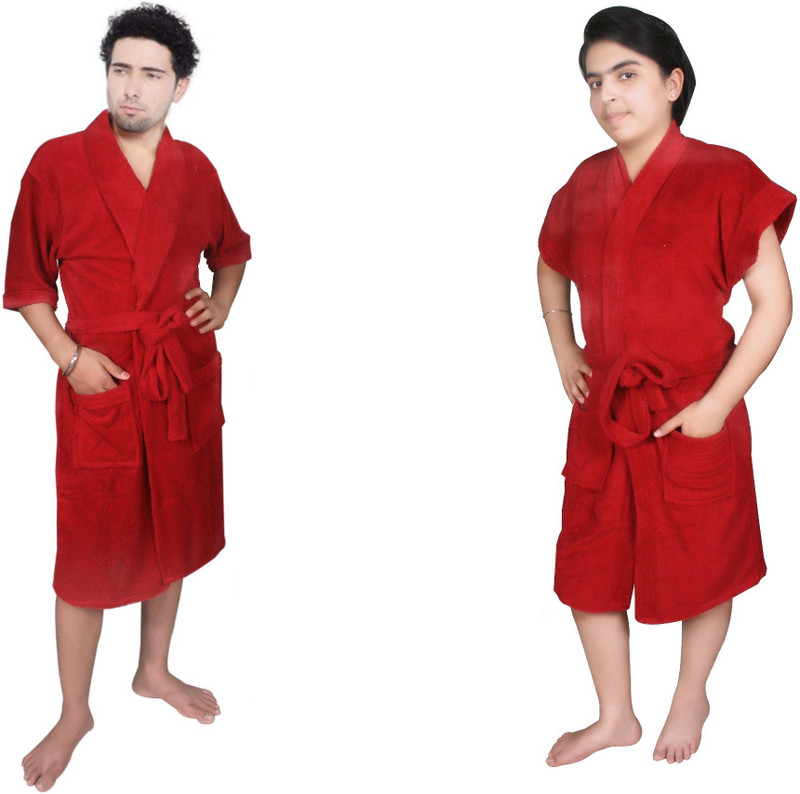 kajal enterprises Red Free Size Bath Robe(1 set of handy towels, 1 Women Bathrobe, Bath robe set, 1 set of bath towels, 2 set of bath sleepers, 1 Men Bath robe, For: Men & Women, Red)