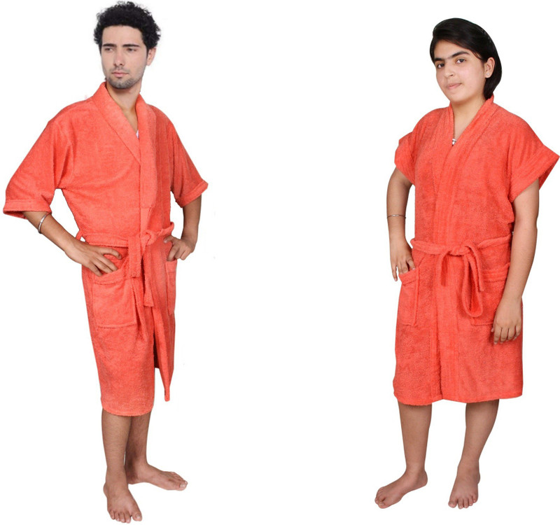 kajal enterprises Orange Free Size Bath Robe(1 Men Bath Robe, 1 set of handy towels, Bath robe set, 1 set of bath towels, 2 set of bath sleepers, 1 Women Bath Robe, For: Men & Women, Orange)
