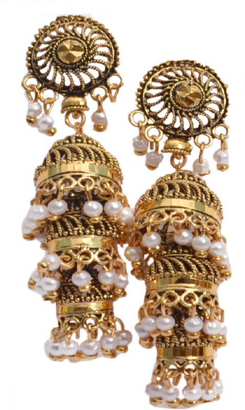 smr jewels Exclusive Design Three layered White Pearl Jhumki Earring, White Metal Jhumki Earring