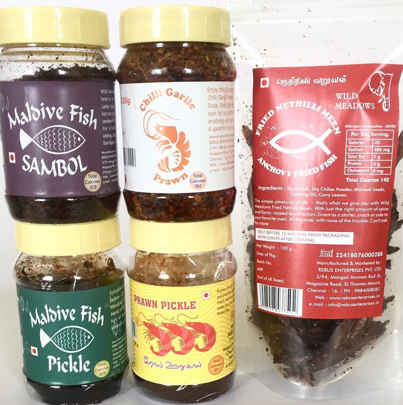 wild meadows All in one pack 5 Combo(Maldive Fish Pickle150g-, Maldive Fish Sambol100g-, Chili Garlic prawn150g-, Prawn Pickle100g-, Anchovy Fried Fish125g)