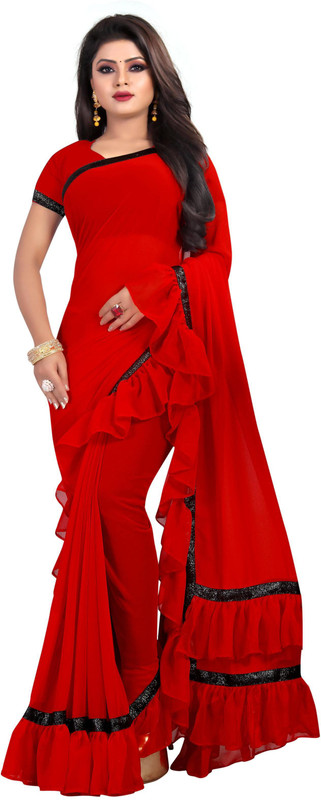 fashion day Solid Daily Wear Poly Georgette Saree(Red, Black)