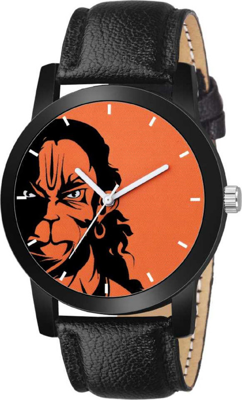 3 nuts Hanuman Orange Black Dial Leather Strap Buckle Clasp Analog Watch  - For Men
