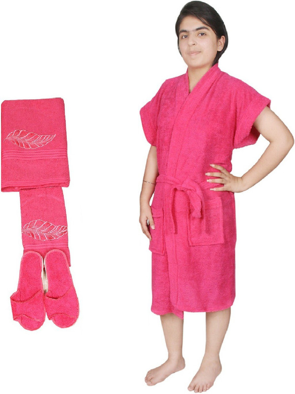 kajal enterprises Pink Free Size Bath Robe(1 Bath Towel, 1 Hand Towel, 1 Bath Gown, 1 Set Bath Sleeper, For: Women, Pink)
