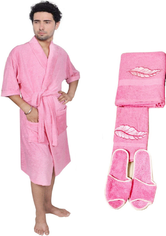 kajal enterprises Light Pink Free Size Bath Robe(1 Bath gown, 1 Bath Towel, 1 Hand Towel, 1 Set Bath Sleeper, For: Men, Light Pink)