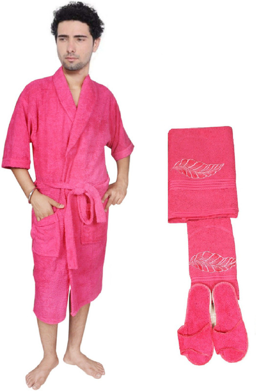 kajal enterprises Pink Free Size Bath Robe(1 Bath Towel, 1 Hand Towel, 1 Bath Gown, 1 Set Bath Sleeper, For: Men, Pink)