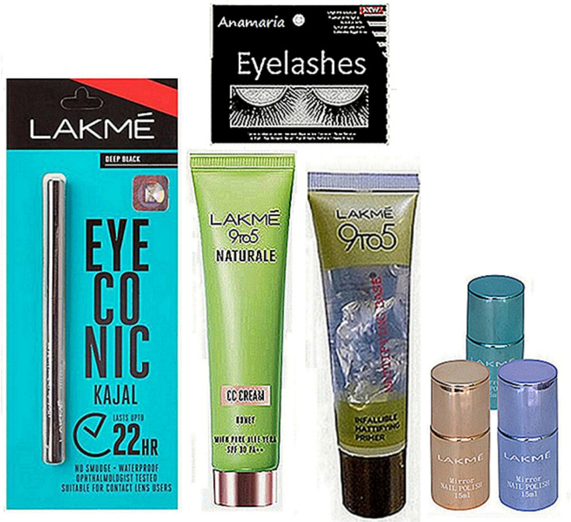 anamaria Eyelashes, Nail paint-3, Eyeconic Kajal, CC Cream, Face Primer(7 Items in the set)