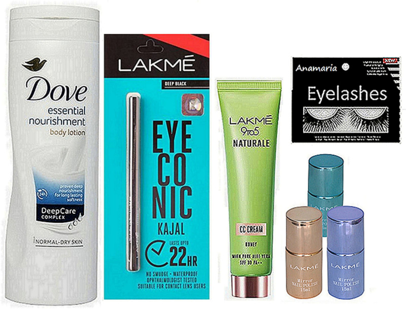 anamaria Eyelashes & Body Lotion & Nail paint-3 & Eye conic Kajal & CC Cream(Set of 7)
