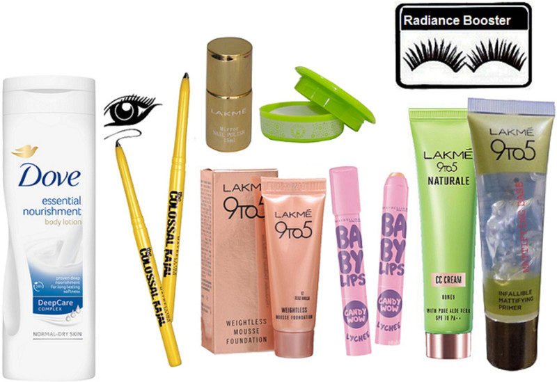 radiance booster Eyelashes & Infallible Primer & Essential Nourishment Body Lotion & Weightless Mousse Foundation & Naturale CC Cream & Nail Paint & Nail Paint Remover & The Colossal Kajal (Pack Of 2) & Baby Lip Balm (Pack Of 2)(Set of 11)