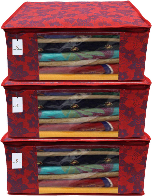 KUBER INDUSTRIES Metalic Flower 3 Piece Non Woven Saree Cover Set, Red,7 Inches Height CTKNEW0306(Red)