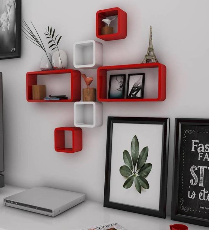 classiconline wooden wall rectriangler cube shape home decornation mdf wall shelf Wooden Wall Shelf(Number of Shelves - 6, White, Red, Multicolor)