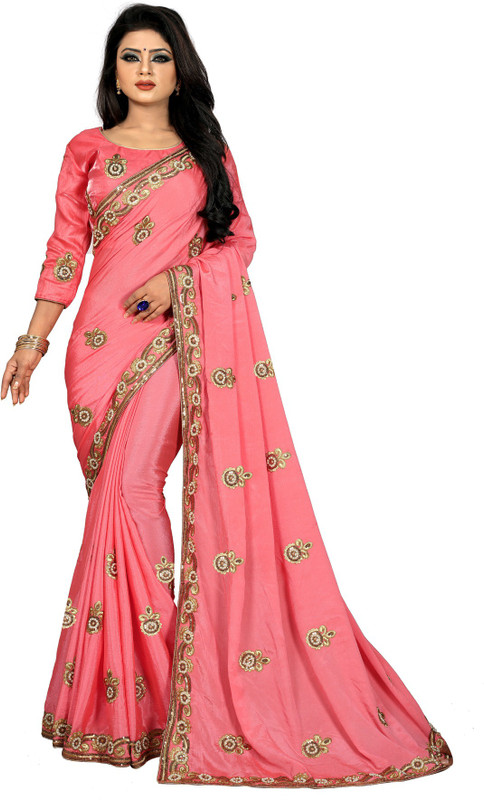 ofline selection Embroidered Daily Wear Georgette Silk Blend Saree(Pink)