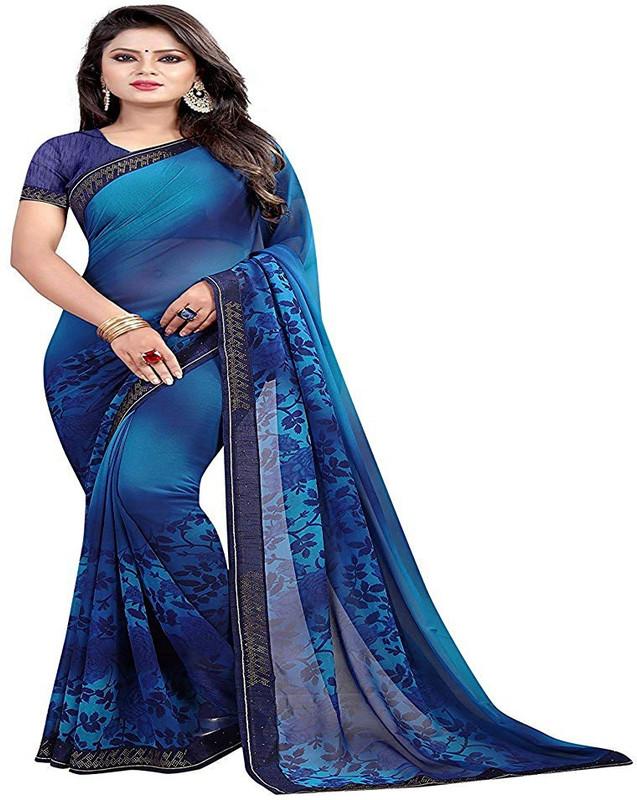 yogi creation Temple Border Handloom Pure Georgette Saree(Blue)