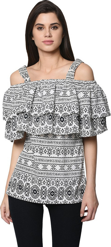 colornext Casual Layered Sleeve Printed Women White, Black Top