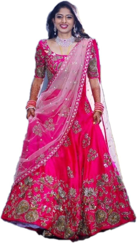 color bucket Embroidered Semi Stitched Lehenga, Choli and Dupatta Set(Pink)
