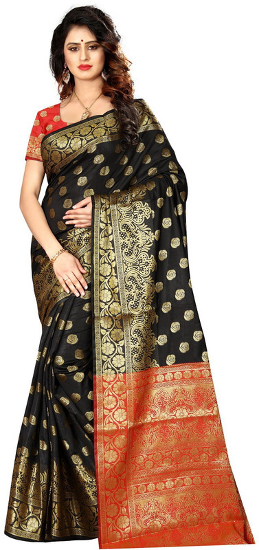 shoppershopee Embellished Kanjivaram Poly Silk, Poly Silk Saree(Black)