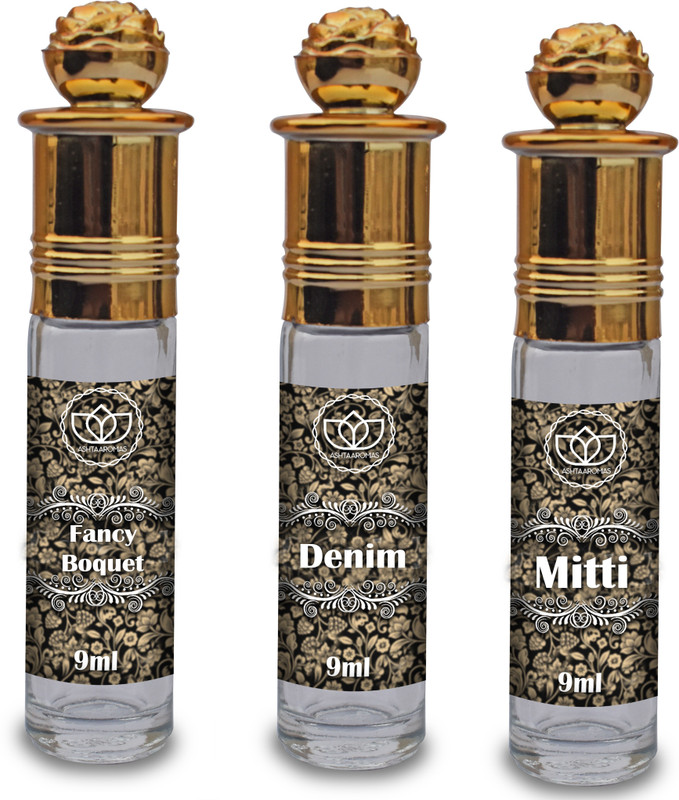 ASHTAAROMAS Mitti, Fancy Bouquet and Denim Set of 3 Combo Attar, For Unisex (9ML Each) Herbal Attar(Mitti)