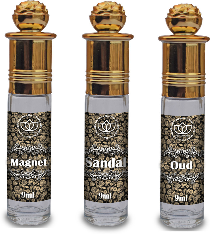 ASHTAAROMAS Sandal, OUD and Magnet Set of 3 Combo Attar, Long Lasting (9ML Each) Herbal Attar(Sandalwood)